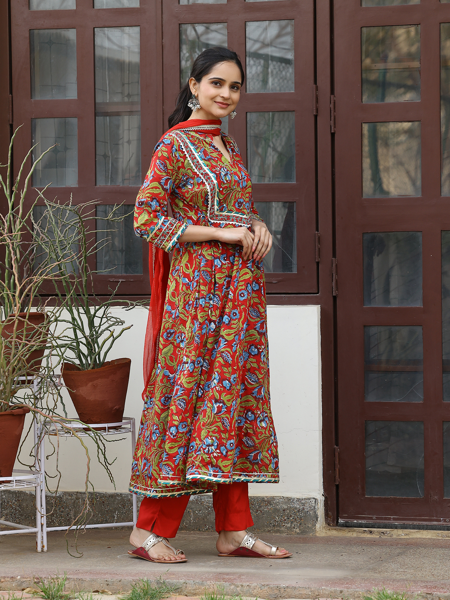 Red Hand Block Cotton Printed Anarkali Kurta Set